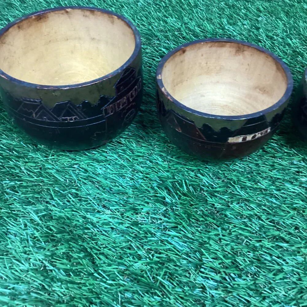 Vintage Hand Carved Nesting Bowls Tribal Design 5